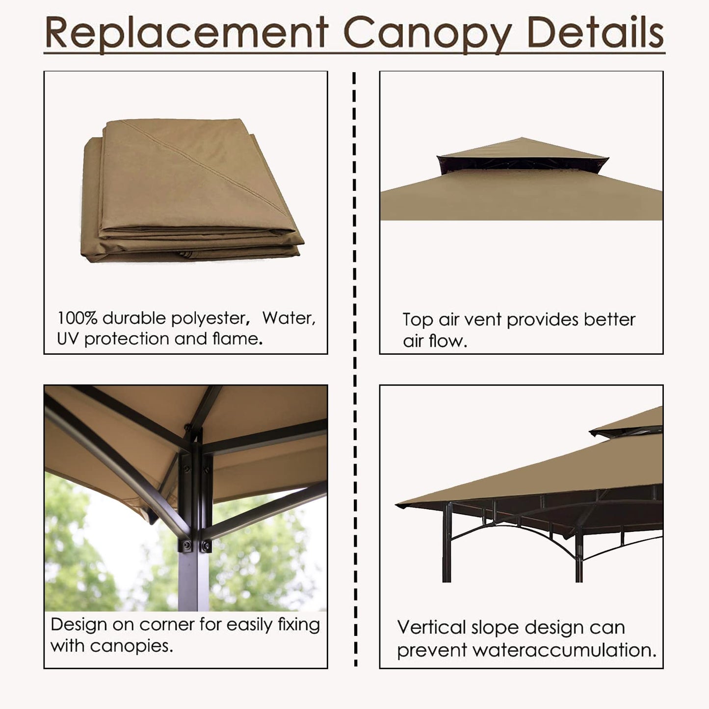 Grill Gazebo Replacement Canopy Roof – Hugline 5x8 Outdoor Grill Shelter Canopy Top Double Tiered BBQ Tent Cover Fit for Model L-GG001PST-F (Khaki)