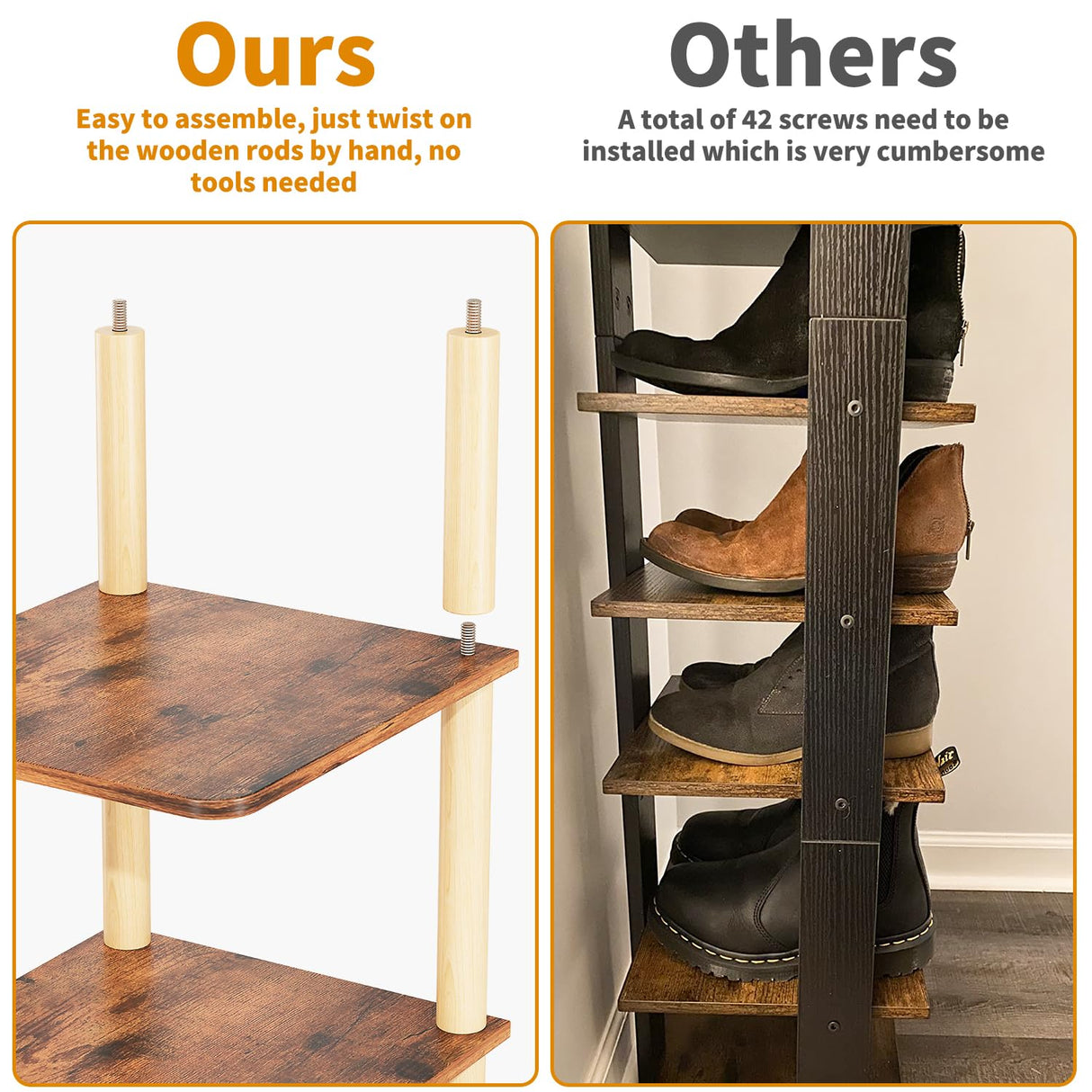 LUCKNOCK Vertical Shoe Rack, 8-Tier Tall Narrow Shoe Organizer for Entryway, Closet, Dorm & Small Spaces, Freestanding Wooden Shoe Shelf Tower for Boots, Sneakers, Heels. (Rustic Brown) LUCKNOCK