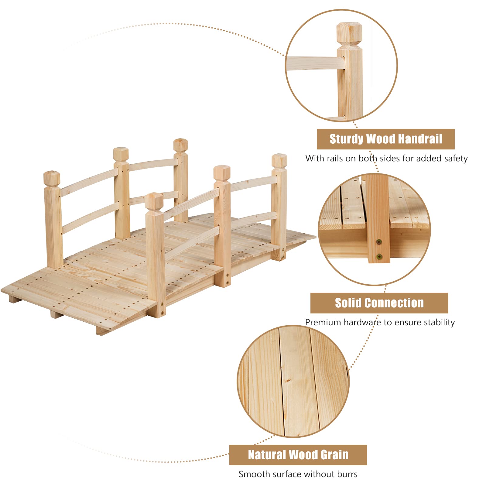 S AFSTAR Garden Bridge, 5FT Wooden Arc Footbridge for Outdoors with Safety Guardrails, Decorative Landscaping for Garden Yard Walkway Creek Farm, 400 LBS Capacity (Natural Finished) - WoodArtSupply