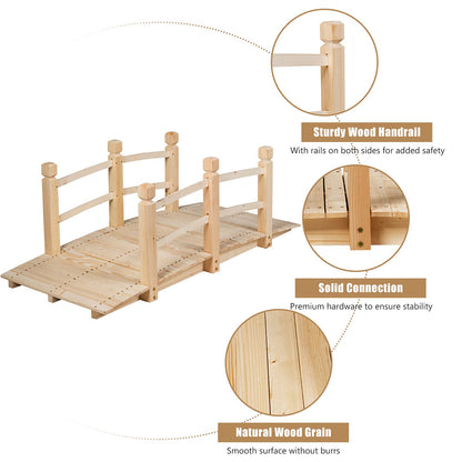 S AFSTAR Garden Bridge, 5FT Wooden Arc Footbridge for Outdoors with Safety Guardrails, Decorative Landscaping for Garden Yard Walkway Creek Farm, 400 LBS Capacity (Natural Finished) - WoodArtSupply