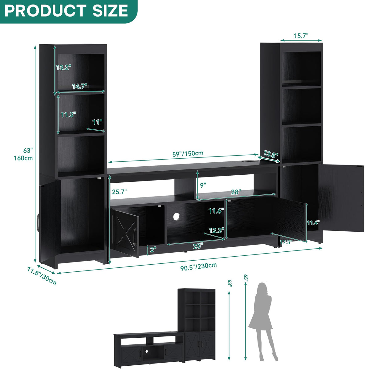 YITAHOME Farmhouse TV Stand for 65inch TV, Entertainment Center with Storage, Adjustable LED Lights & Power Hub, TV Cabinet with Bookshelves for Living Room/Apartment, Black YITAHOME