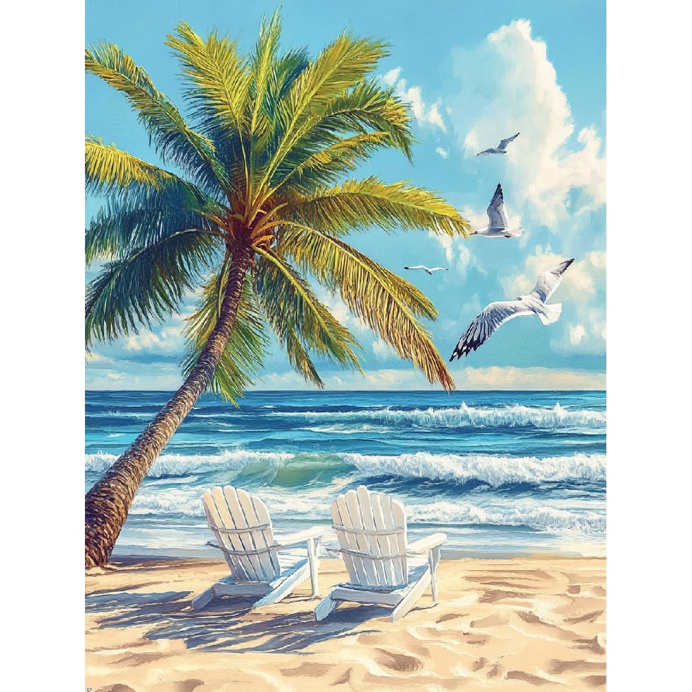ShiCattle Coconut Tree Diamond Art Kits for Adults Beginners,DIY Full Round Drill Diamond Painting Kits Beach Chair,Paint by Diamonds Dot Gem Art Crystal Easy,Home Wall Decor 12x16Inch ShiCattle