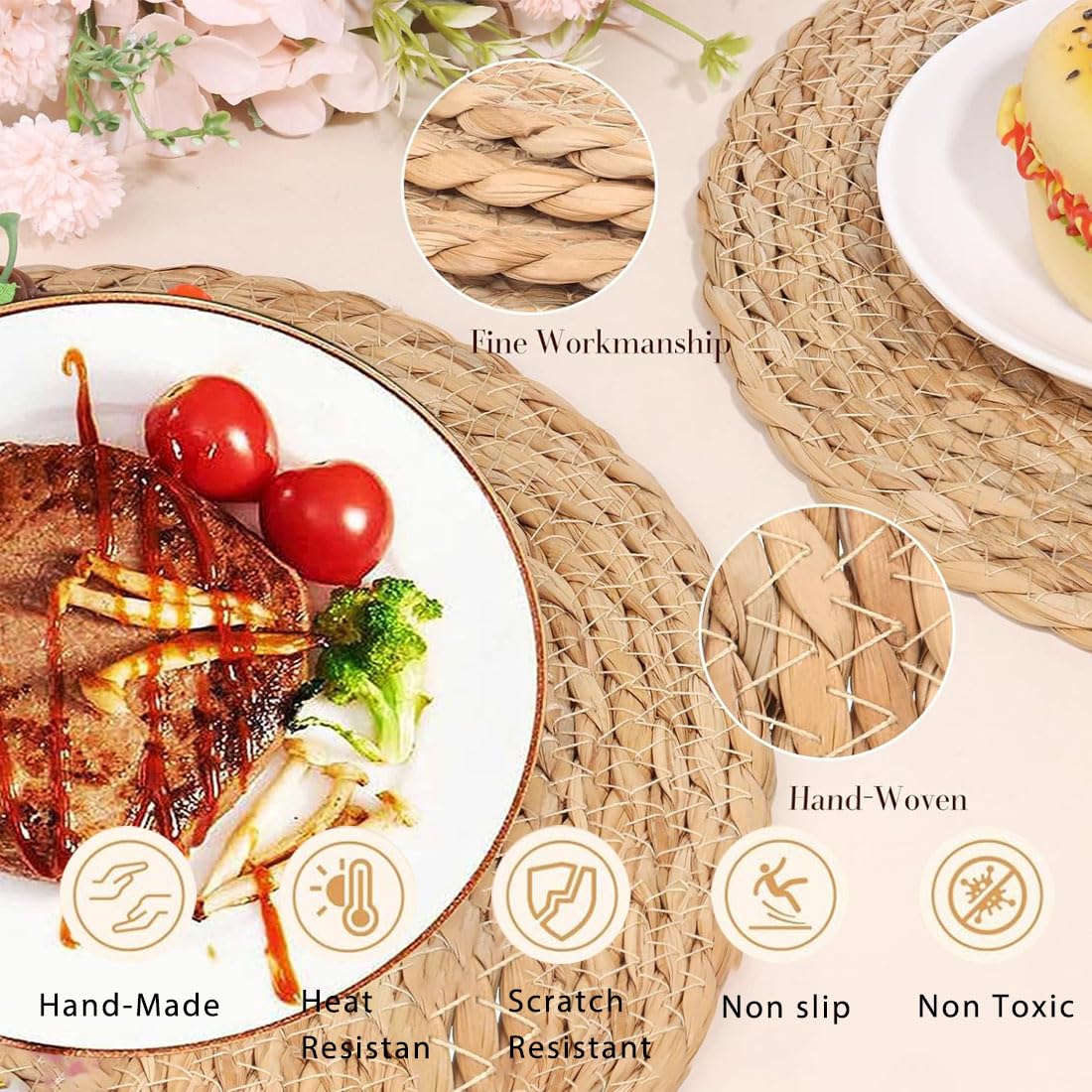 Round Woven Placemats Boho Rattan Placemats 12" Braided Wicker Table Mats Farmhouse Weave Place Mats for Dining Table Kitchen Home Wedding (Set of 3) Umpiyte