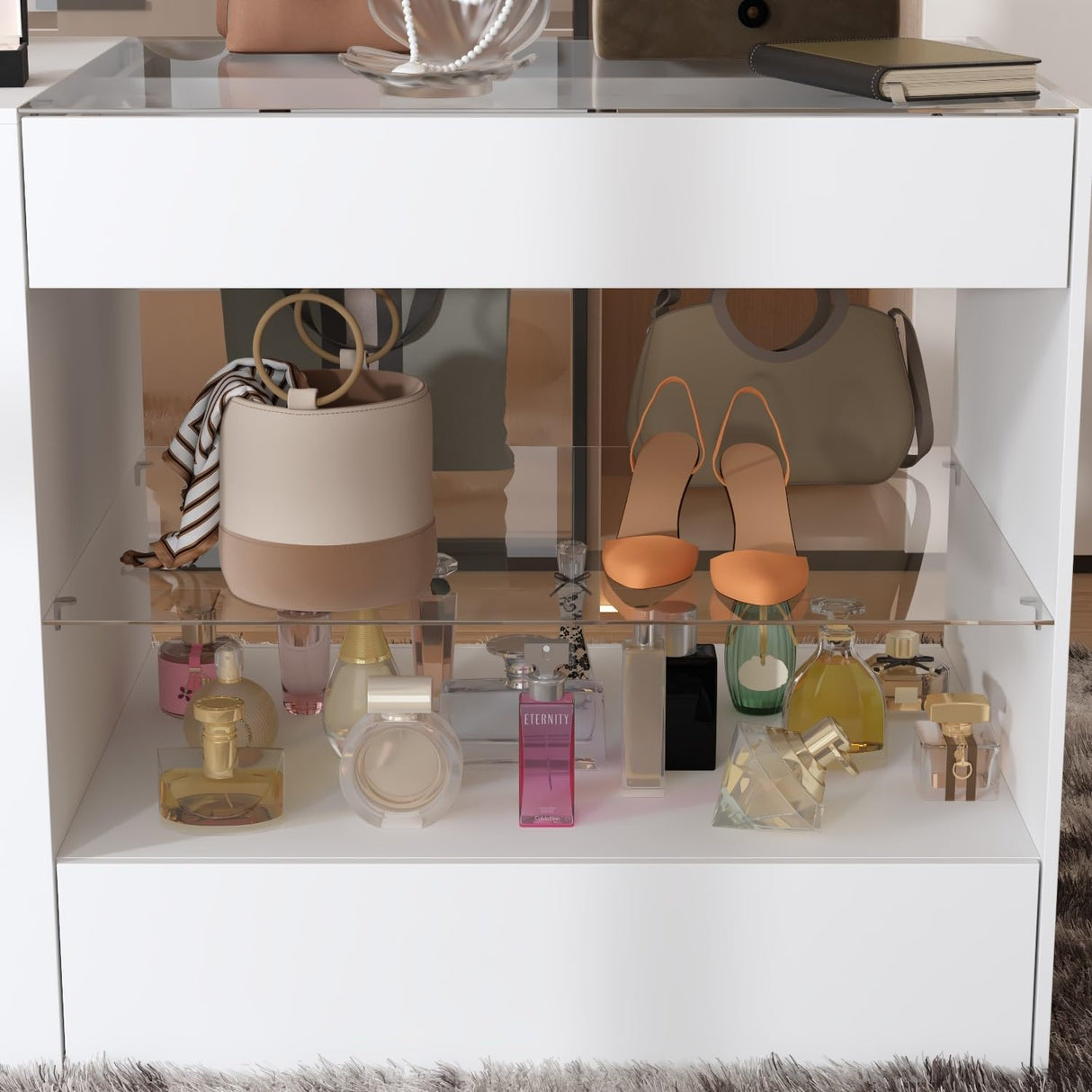 TAMUNE Armoire Bedroom Island Wardrobe Closet Island with 8 Drawers & Glass Tabletop, Walk in Closet Island with Drawers, Island Dresser with Display Shelf, for Bedroom White 47.2”W x 23.6”W x 31.5”H TAMUNE