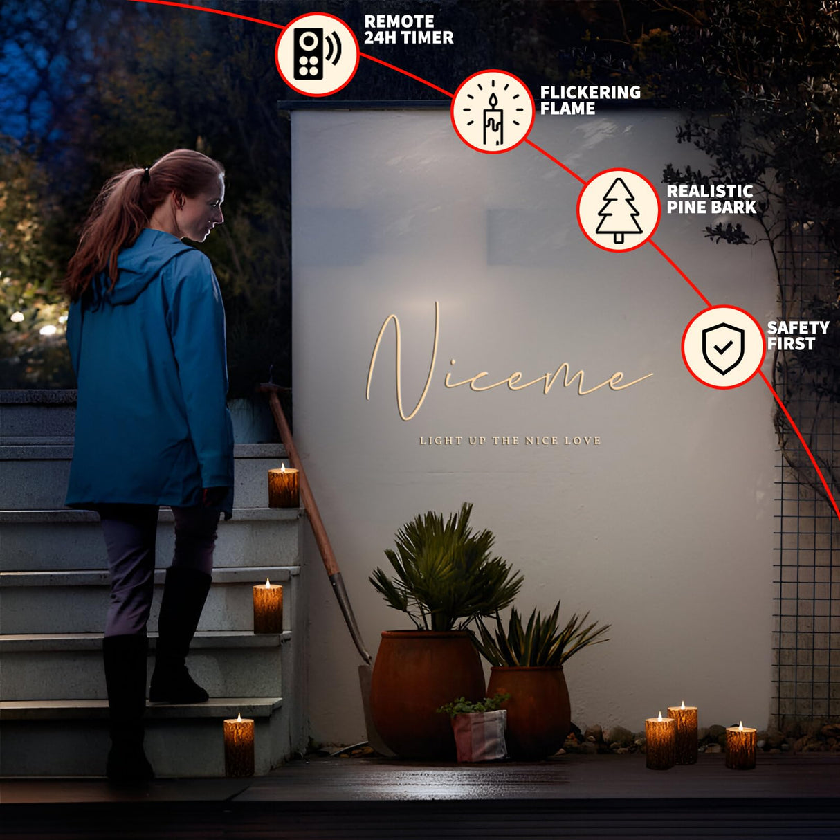 NICEME Rechargeable LED Pine Bark Flameless Candles with Timer Remote USB Cable, Brown Real Wax USB Candles Flickering Fireplace Cabin Decor Electric Fake Battery Pillar Bark Candles, D 3”×H 4”5”6” NICEME