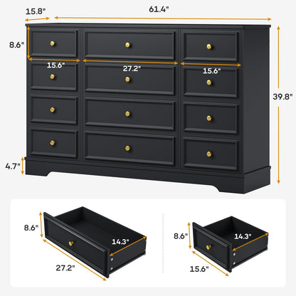 Hasuit Large Dresser with 12 Drawers for Bedroom, 61.4'' Long Modern Chest of Drawers, Black Wide Dressers Clothes Closet, Wooden Bedroom Funiture Storage Organizer