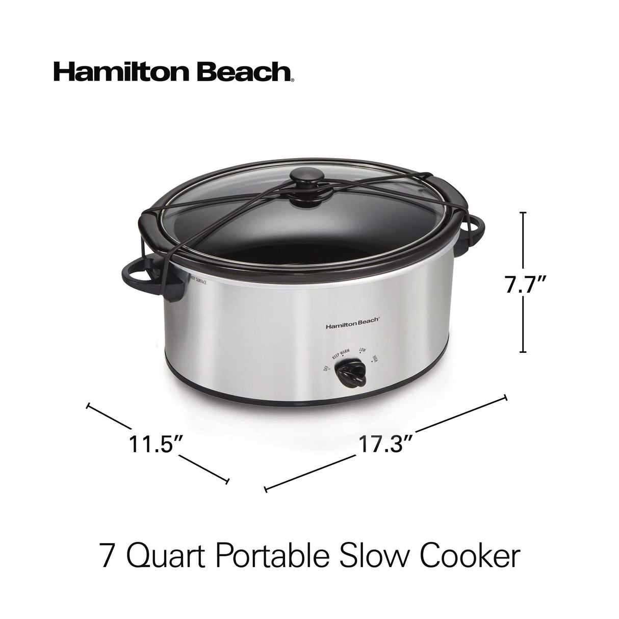 Hamilton Beach 7-Quart Portable Slow Cooker Serves 8+, Dishwasher Safe Crock, Lid Latch Strap for Travel, Brushed Silver Hamilton Beach
