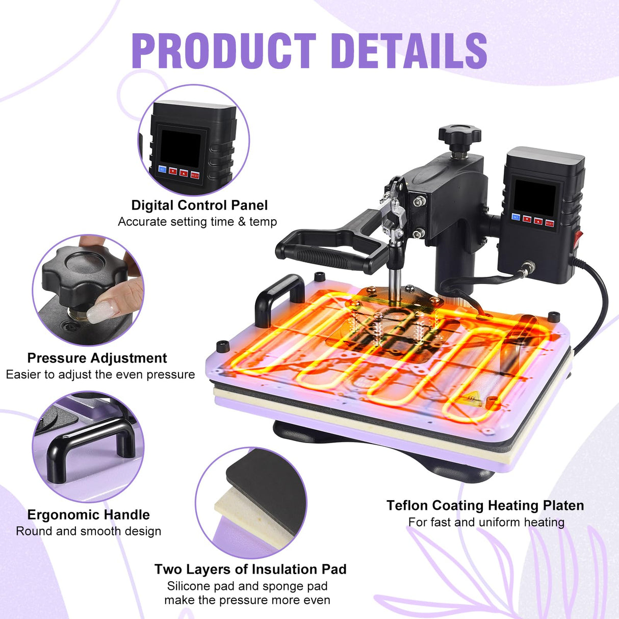 PlanetFlame Heat Press Machine 12x15 Inch, 360° Swing Away 5 in 1 Heat Transfer Machine, Multifunctional Heat Transfer Press Machine with 30OZ Tumbler Attachment for Hat/Plate/T-Shirt/Mug, Purple PlanetFlame