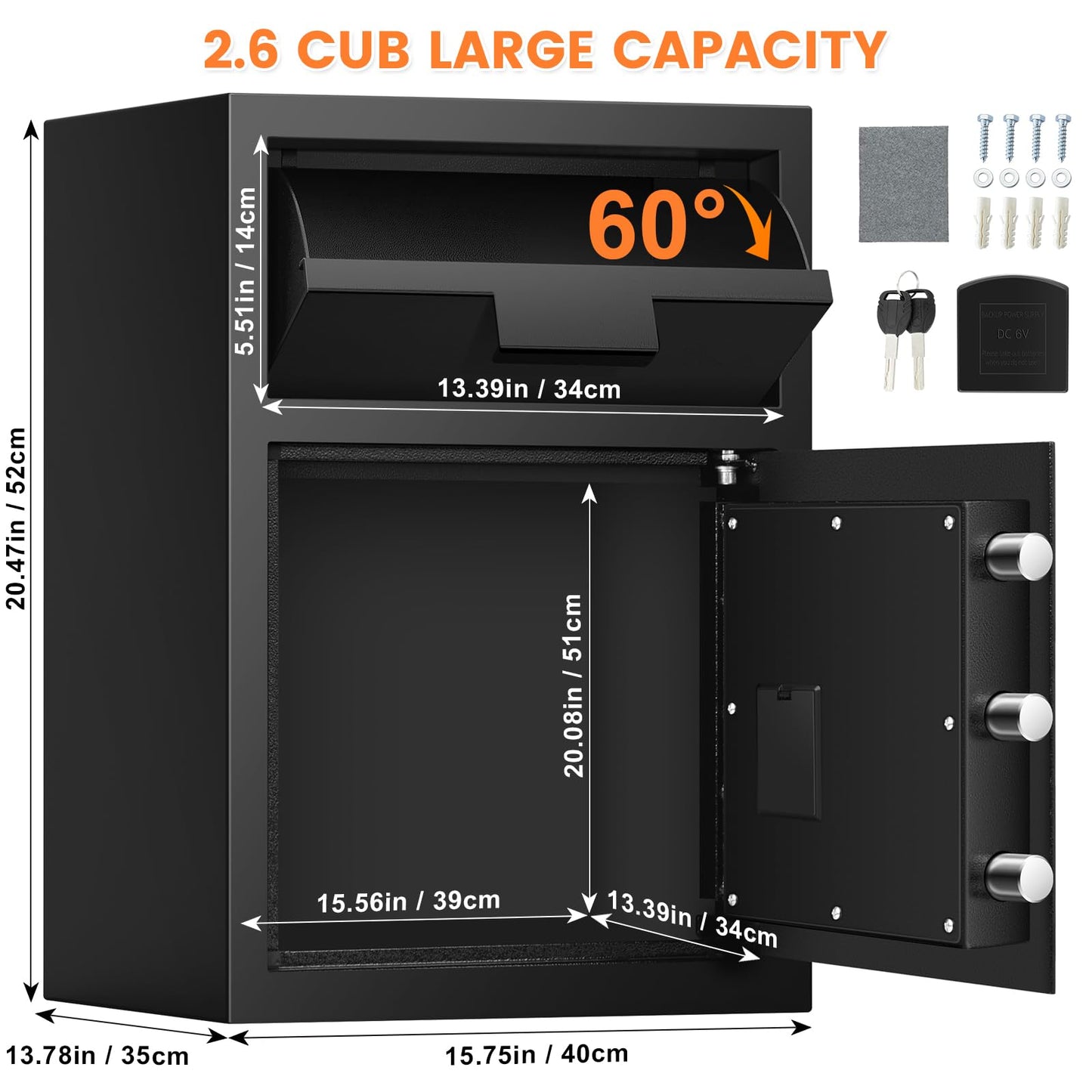 2.6 Cubic Fireproof Drop Safe for Business, Anti-Theft Drop Slot Safes for Money with Digital Combination Lock & Spare Keys, Cash Depository Safe with Drop Box for Home Retail Store Busines