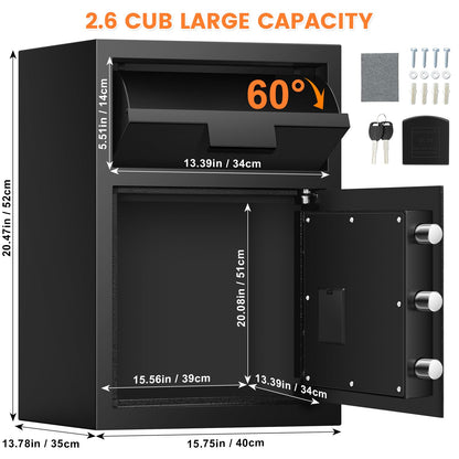 2.6 Cubic Fireproof Drop Safe for Business, Anti-Theft Drop Slot Safes for Money with Digital Combination Lock & Spare Keys, Cash Depository Safe with Drop Box for Home Retail Store Busines