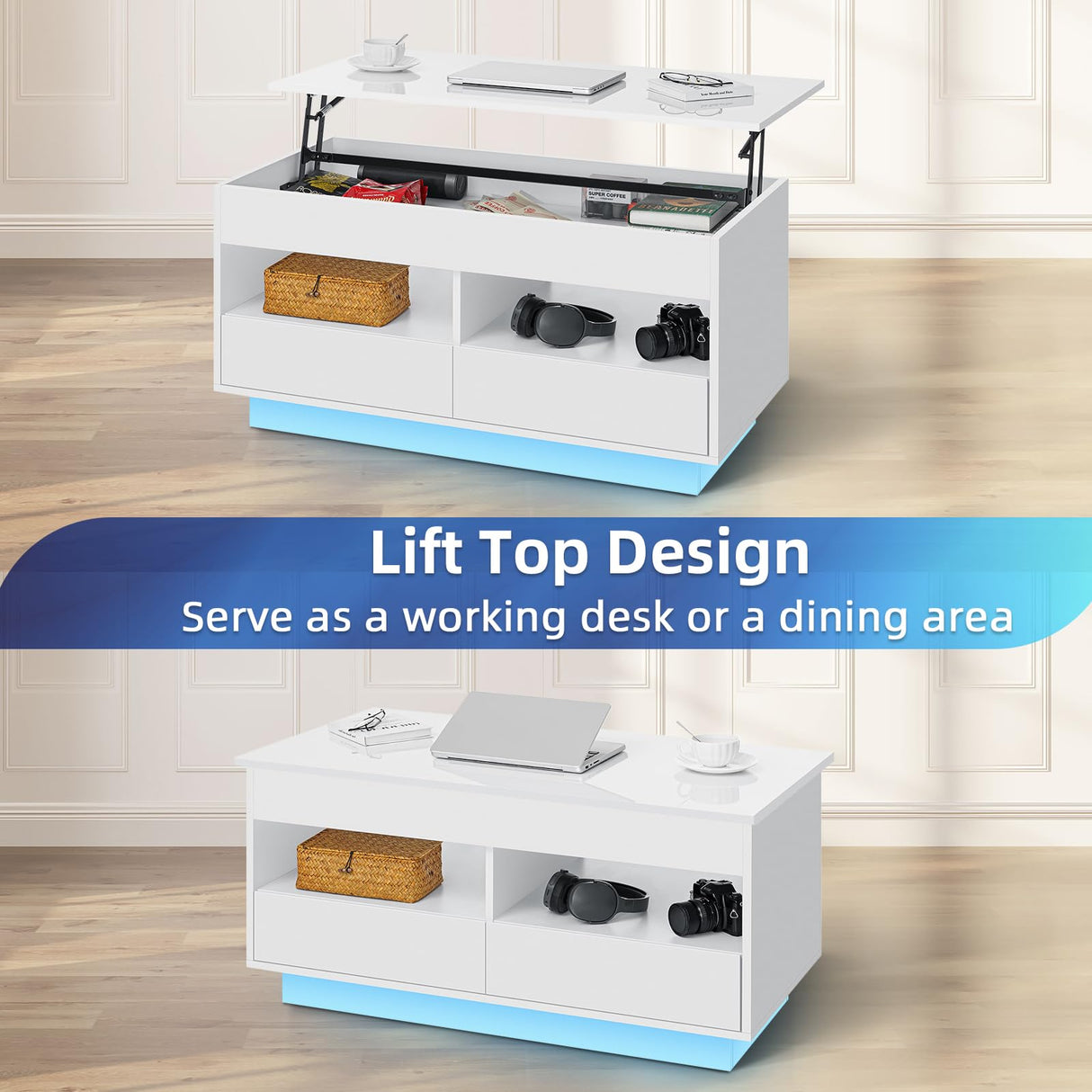 Lift Top Coffee Table with LED Light Morden Coffee Table with Storage High Gloss White Coffee Table for Living Room Tea Table with Storage Center Tables Hidden Compartment &2 Open Shelve &2 Drawers HOMMPA