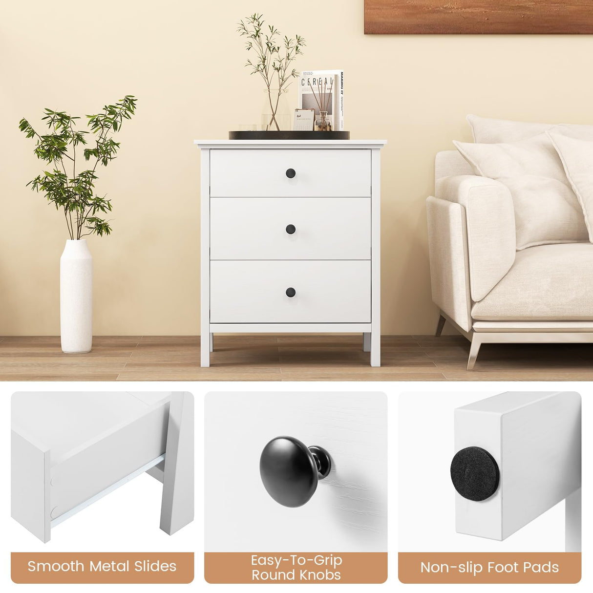 Giantex Nightstand with 3 Drawers, Wooden Side End Table with Solid Wood Legs, Retro 3-Drawer Bedside Table Night Stand for Bedroom Home Office Small Space, Easy Assembly, White Giantex