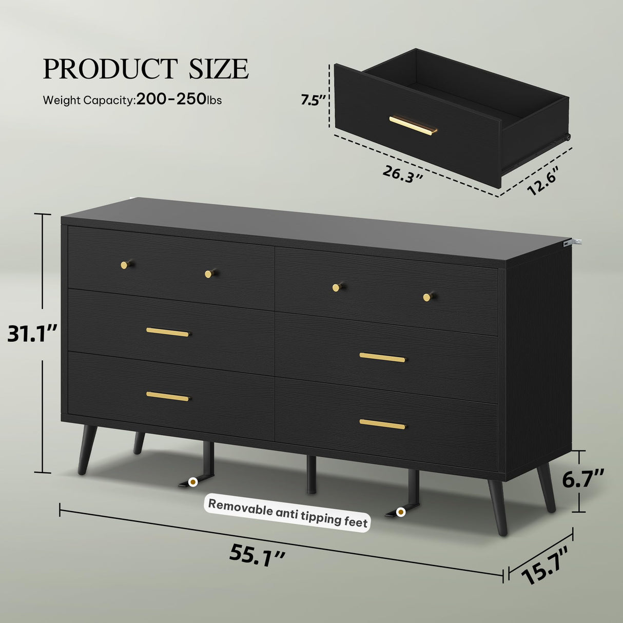 DWVO White 6 Drawers Dresser/Modern Wood Dresser Chest of Drawers with Black Metal Handle＆Anti-Tipping Device/Modern Double Drawer Storage Cabinet for Entryway/Living Room-15.7" Dx55.1 Wx31.1 H DWVO