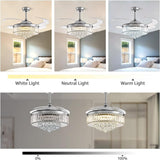 NOXARTE 48 Inch Crystal Chandelier Ceiling Fan with Light Fandelier Ceiling Fan with Light Retractable Blades Fan with Remote Control 48" Dimmable Fandelier for Bedroom Living Room NOXARTE