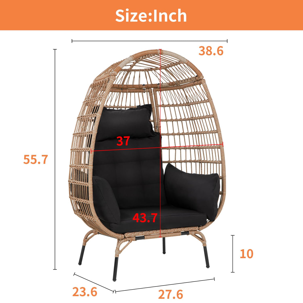 PayLessHere Egg Chair Egg Basket Rattan Chair Steel Frame Oversized Indoor Outdoor Lounger Simple Installation with 4 Comfort Cushion and Stand,352lb Capacity for Patio Garden Living Room，Black PayLessHere