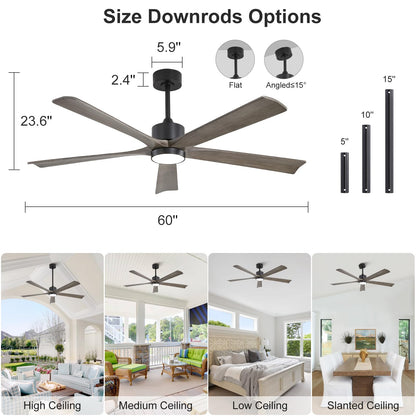 EOPETY 60" Solid Wood Ceiling Fan with Lights and Remote Control, 5 Blade Wood Ceiling Fan with Light for Outdoor Patio Bedroom, 6 Speeds,Timing,Quiet Reversible DC Motor, Grey, Lighted Ceiling Fan