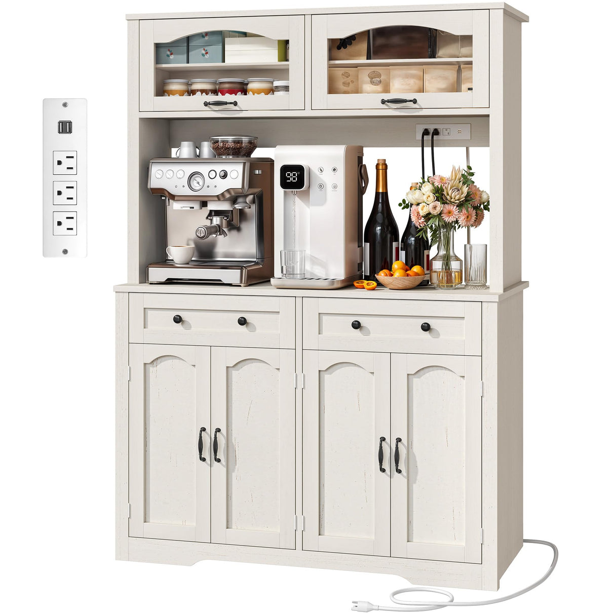 YITAHOME 71" Kitchen Pantry Cabinet with Charging Station, Tall Farmhouse Kitchen Hutch Cabinets with Microwave Stand and Storage, Buffet Pantry Cupboard with Countertop for Dining Room, White YITAHOME
