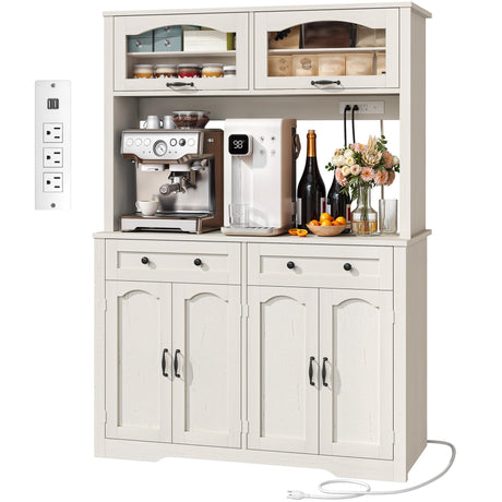 YITAHOME 71" Kitchen Pantry Cabinet with Charging Station, Tall Farmhouse Kitchen Hutch Cabinets with Microwave Stand and Storage, Buffet Pantry Cupboard with Countertop for Dining Room, White YITAHOME