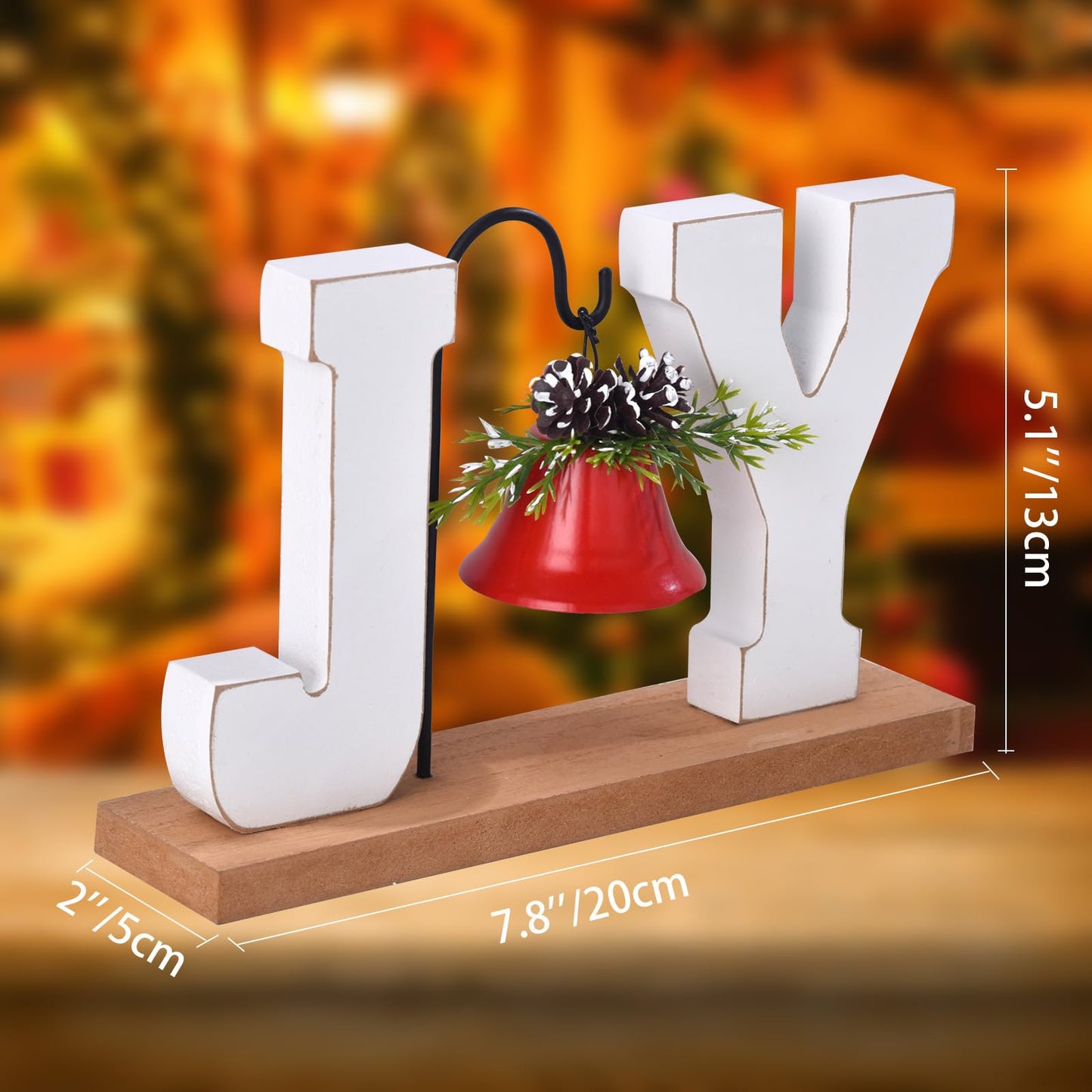 Christmas Wooden Joy Decoration, Wood Craft Sign with Bell, Table Ornament Rustic Tabletop Farmhouse Centerpiece Decorative Block Decor for Xmas Indoor Holiday Home Table Shelf Winter Party (Red Bell)