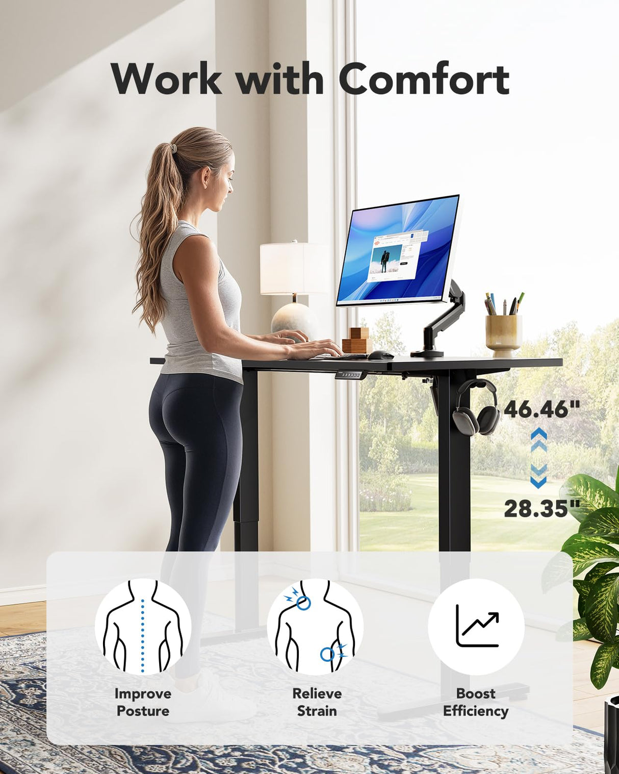 HUANUO Electric Standing Desk, 60" x 24" Whole Piece Desktop, Adjustable Height Computer Desk, 4 Height Memory Settings, Sit Stand Up Desk for Home Office, Black HUANUO