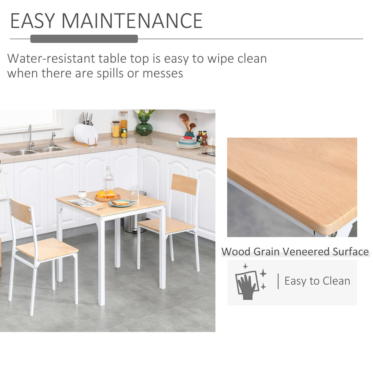 HOMCOM 3-Piece Wooden Square Dining Table Set with 1 Table and 2 Chairs and Sturdy Metal Frame for Small Space, White HOMCOM