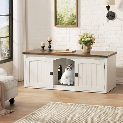 Halitaa Double Cat Litter Box Enclosure, Hidden Litter Box Furniture for 2 Cats, Farmhouse Cat House with Scratch Pad for 2 Litter Boxes, Wooden Enclosed Litter Box Furniture, Entryway Bench, White