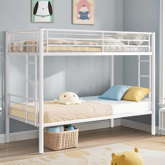 VECELO Twin Over Twin Bunk Bed with Built-in Ladder and Safety Guardrail, Heavy Duty Metal Bunkbeds, Space Saving, No Box Spring, White