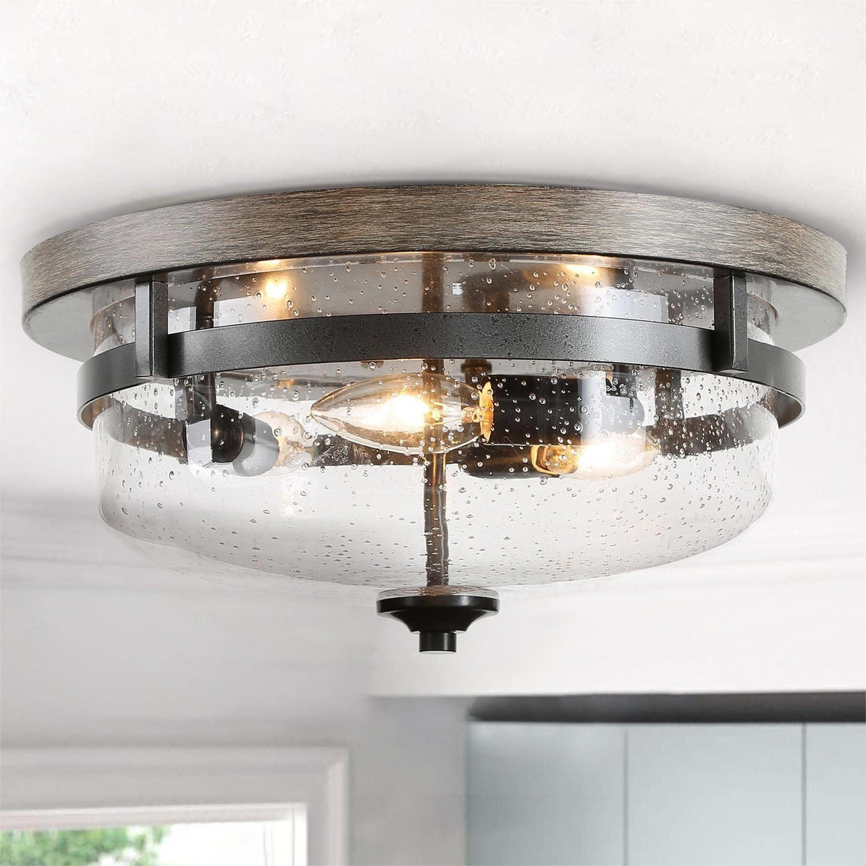 Farmhouse Flush Mount Ceiling Light Fixture with Seeded Glass Shade & Faux Wood Finish for Bedroom, Hallway, Kitchen, Dining & Living Room, Foyer and Bathroom GEPOW