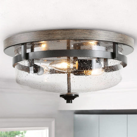 Farmhouse Flush Mount Ceiling Light Fixture with Seeded Glass Shade & Faux Wood Finish for Bedroom, Hallway, Kitchen, Dining & Living Room, Foyer and Bathroom GEPOW