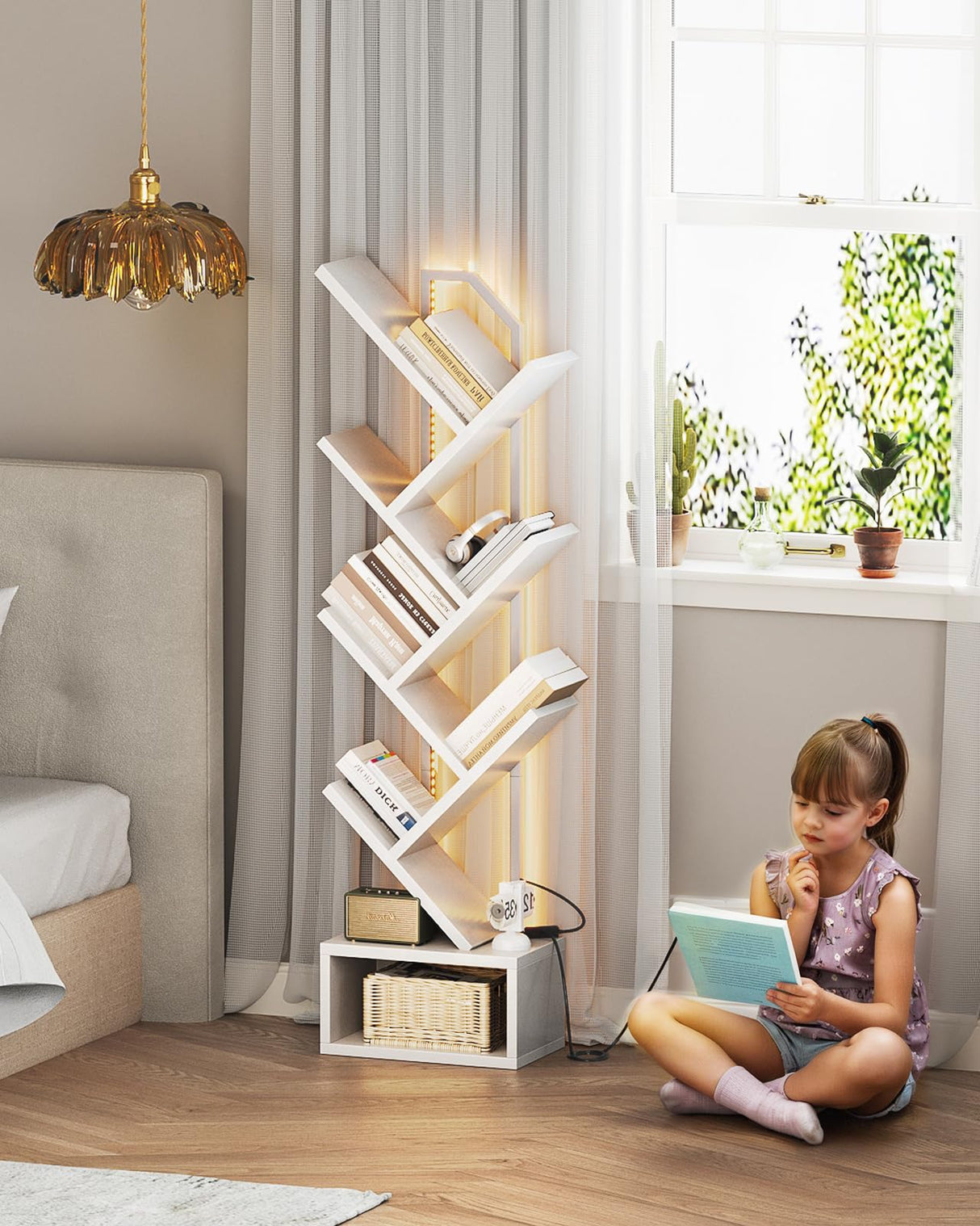 Casaottima White Tree Bookshelf with LED Light Strip — 6-Tier Small Floor Standing Bookcase, Narrow Steel & Wood Book Organizer Shelf with Cabinet, Home Decor for Living Room/Bedroom/Home Office Casaottima