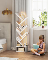 Casaottima White Tree Bookshelf with LED Light Strip — 6-Tier Small Floor Standing Bookcase, Narrow Steel & Wood Book Organizer Shelf with Cabinet, Home Decor for Living Room/Bedroom/Home Office Casaottima