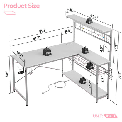 Bestier L Shaped Gaming Desk with Power Outlets, 51 inch LED Computer Desk Reversible Corner Desk with Metal Grid Pegboard and 4 Tiers Storage Shelves, Modern Writing Desk for Home Office, White