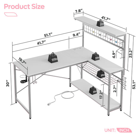 Bestier L Shaped Gaming Desk with Power Outlets, 51 inch LED Computer Desk Reversible Corner Desk with Metal Grid Pegboard and 4 Tiers Storage Shelves, Modern Writing Desk for Home Office, White Bestier