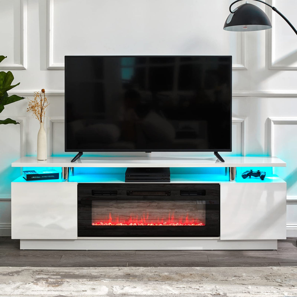 AMERLIFE Fireplace TV Stand with 36" Fireplace, 70" Modern High Gloss Fireplace Entertainment Center LED Lights, 2 Tier TV Console Cabinet for TVs Up to 80", Ivory White AMERLIFE