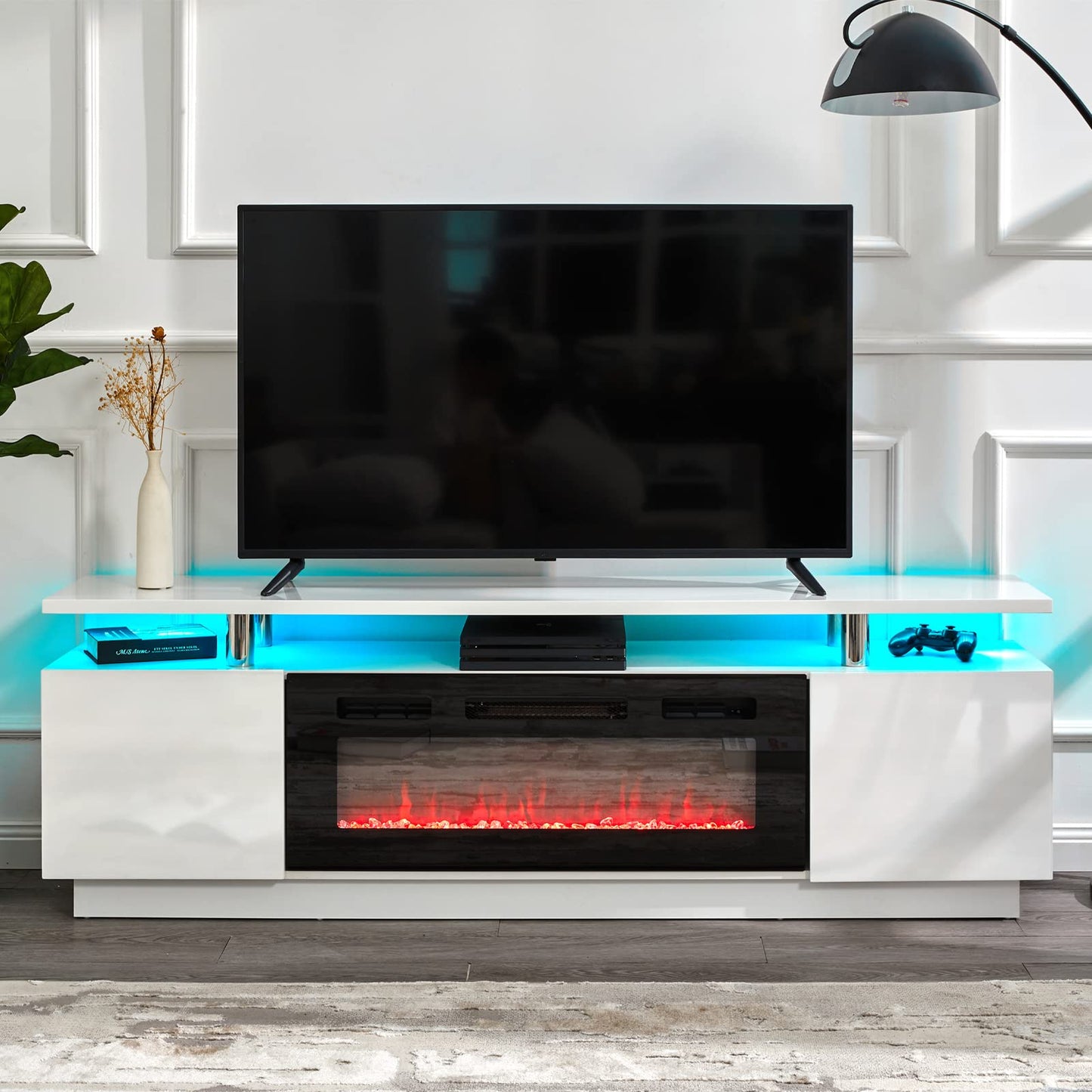 AMERLIFE Fireplace TV Stand with 36" Fireplace, 70" Modern High Gloss Fireplace Entertainment Center LED Lights, 2 Tier TV Console Cabinet for TVs Up to 80", Ivory White - WoodArtSupply