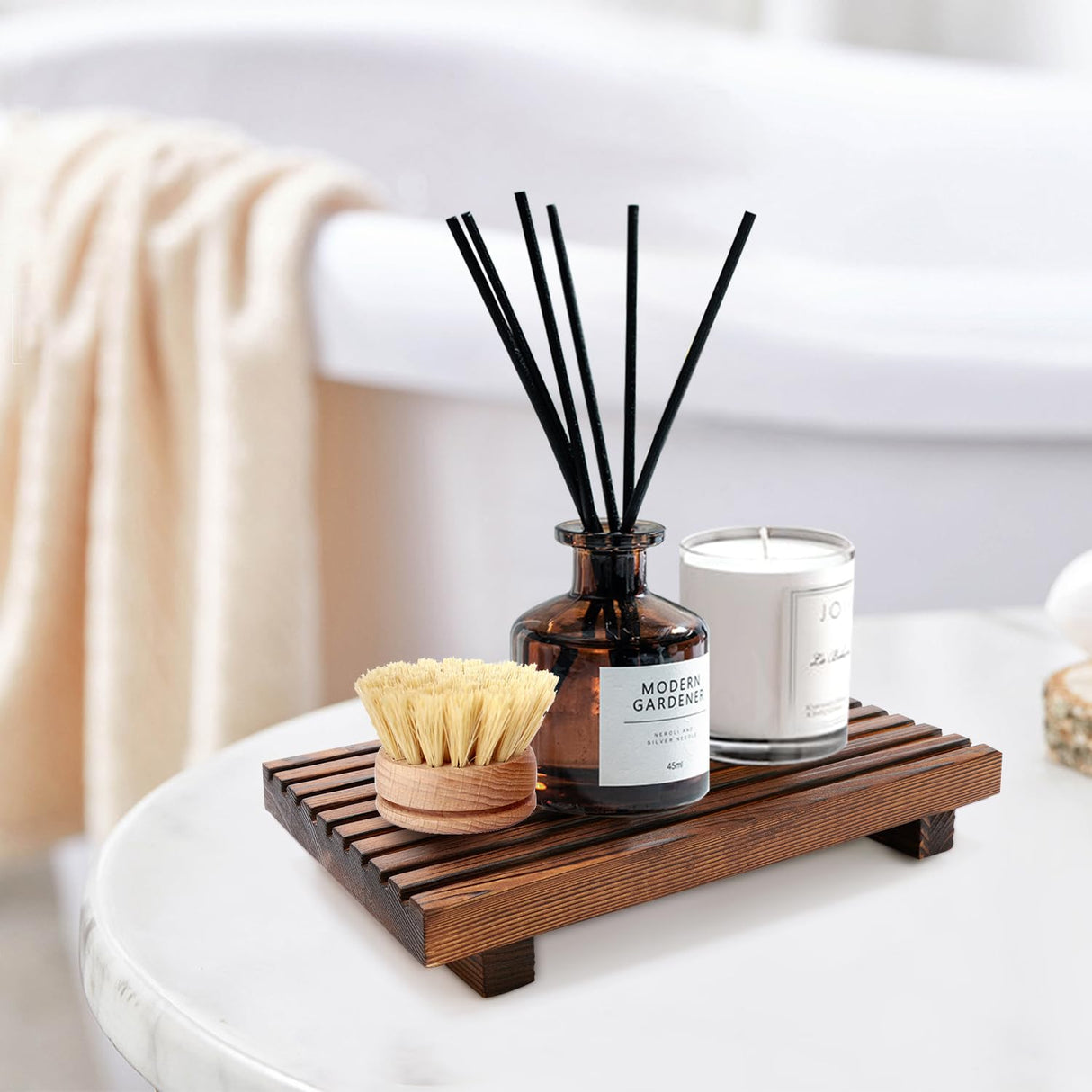 Farmhouse Bathroom Counter Organizer Wooden Display Pedesta Stand Small Kitchen Countertop Trays Decorative Wood Riser Dish Soap Dispenser Holder for Bathroom Decor Sink Accessories Vanity Tray Renawe