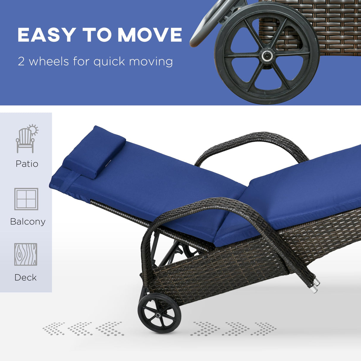 Outsunny Wicker Outdoor Chaise Lounge Set of 2, 5-Level Adjustable Backrest PE Rattan Pool Lounge Chair with Wheels, Cushion & Headrest, Brown and Dark Blue Outsunny