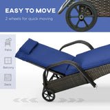 Outsunny Wicker Outdoor Chaise Lounge Set of 2, 5-Level Adjustable Backrest PE Rattan Pool Lounge Chair with Wheels, Cushion & Headrest, Brown and Dark Blue Outsunny