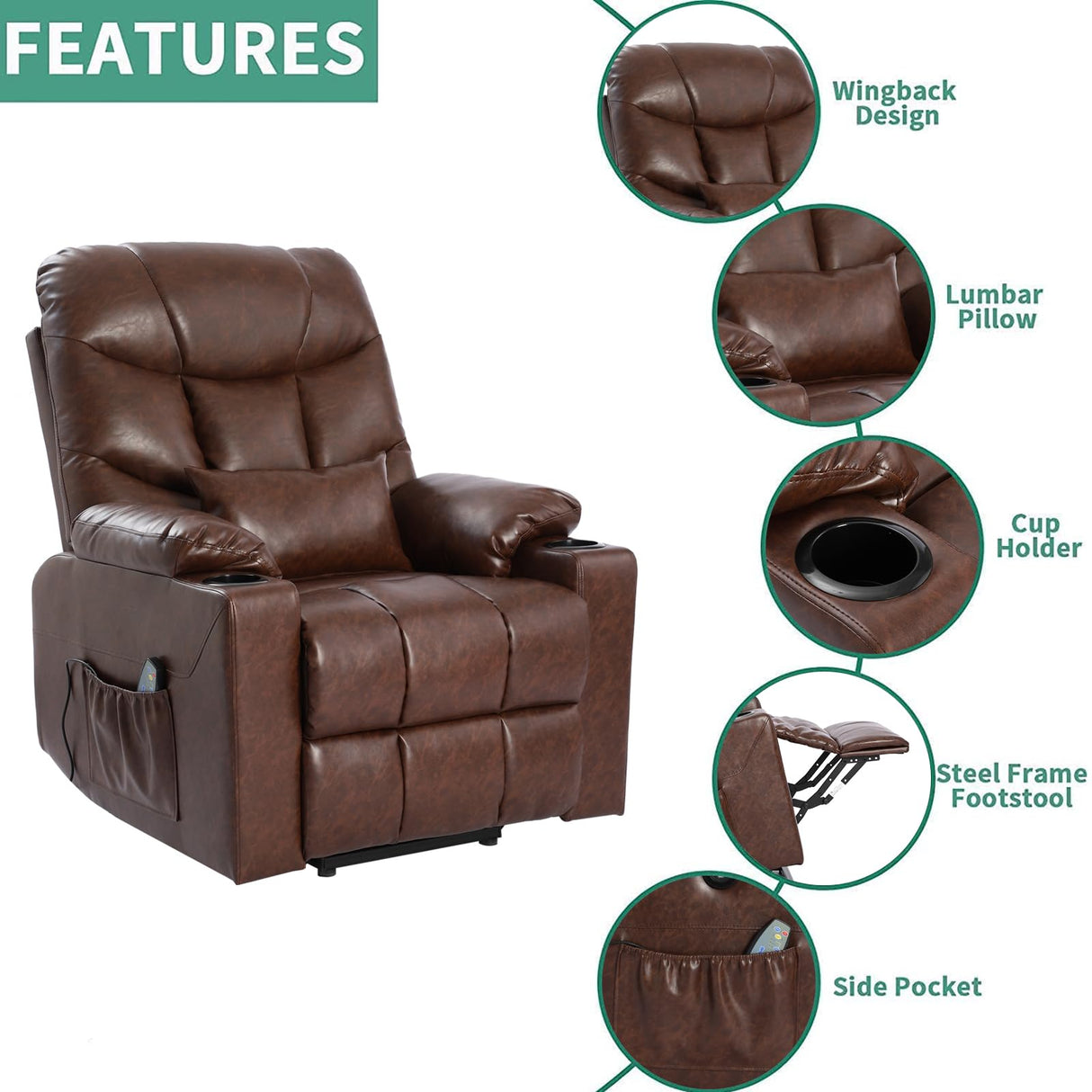 URRED Power Lift Recliners for Elderly, Electric Lift Chair with Massage and Heat, PU Leather Recliner Chair for Living Room (Brown) URRED