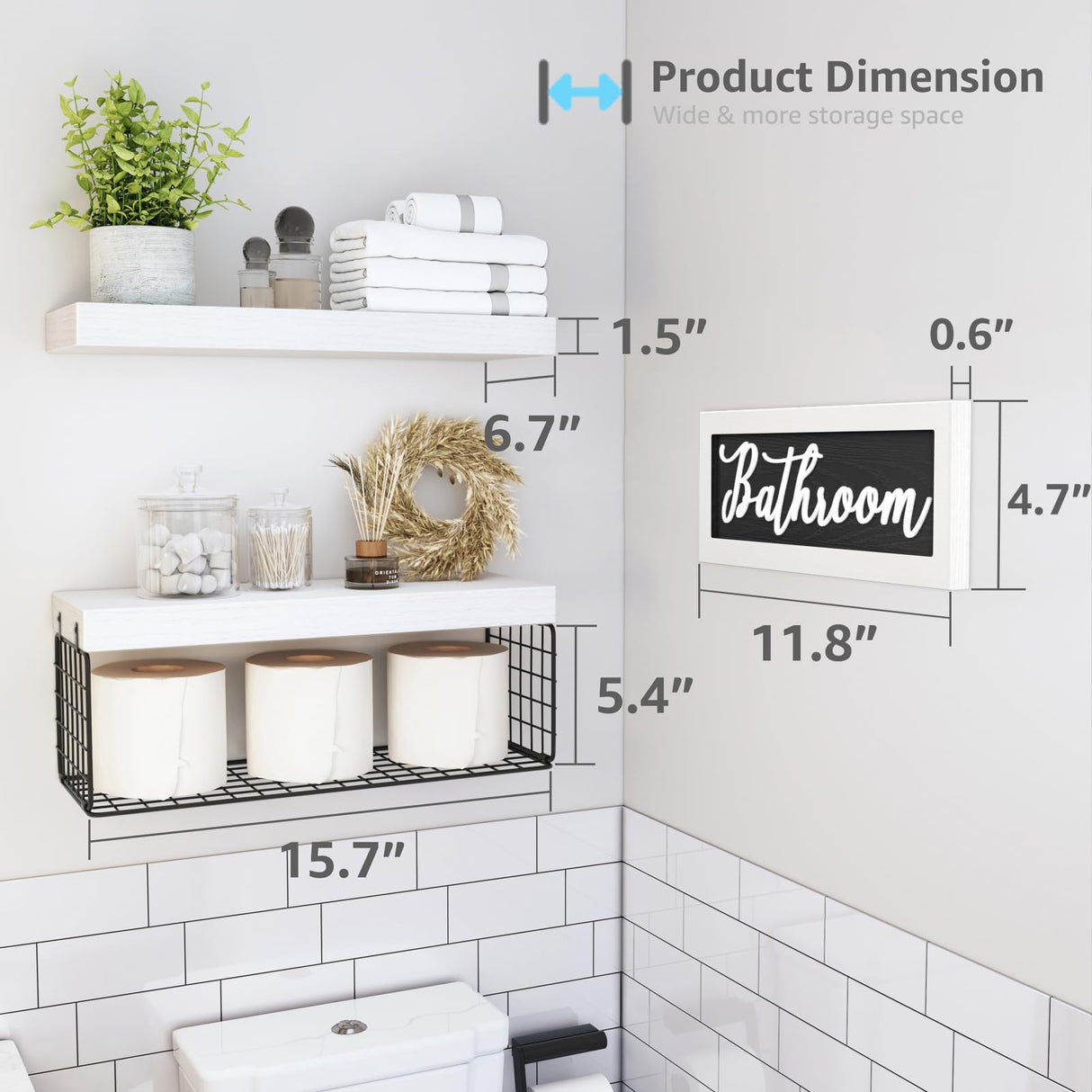 QEEIG ‎Bathroom Shelves Over Toilet - Paper Storage Wall Mounted Farmhouse Decor Decorations Aesthetic Décor Sign Small Floating Shelf 2+1 Set 16 inch, White and Black (020WB) QEEIG