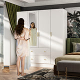 Hitow 4 Door Wardrobe Armoire Closet with Mirror Door, 63" W Wooden Wardrobe Cabinet with 2 Drawers & Hanging Rod, Bedroom Armoire Dresser Wardrobe Clothes Organizer, A White Hitow