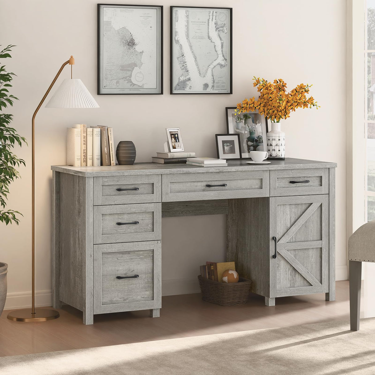 Farmhouse 61'' Executive Desk with 5 Drawers, Rustic Office Desk Computer Desk with Charging Station, File Drawers and Storage Cabinet, Wood Workstation for Home Office and Study, Gray Halitaa