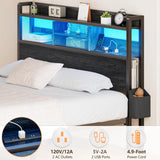 Furnulem Queen Bed Frame with Wood Headboard, Storage Drawers, LED Lights and Charging Station - Black Furnulem