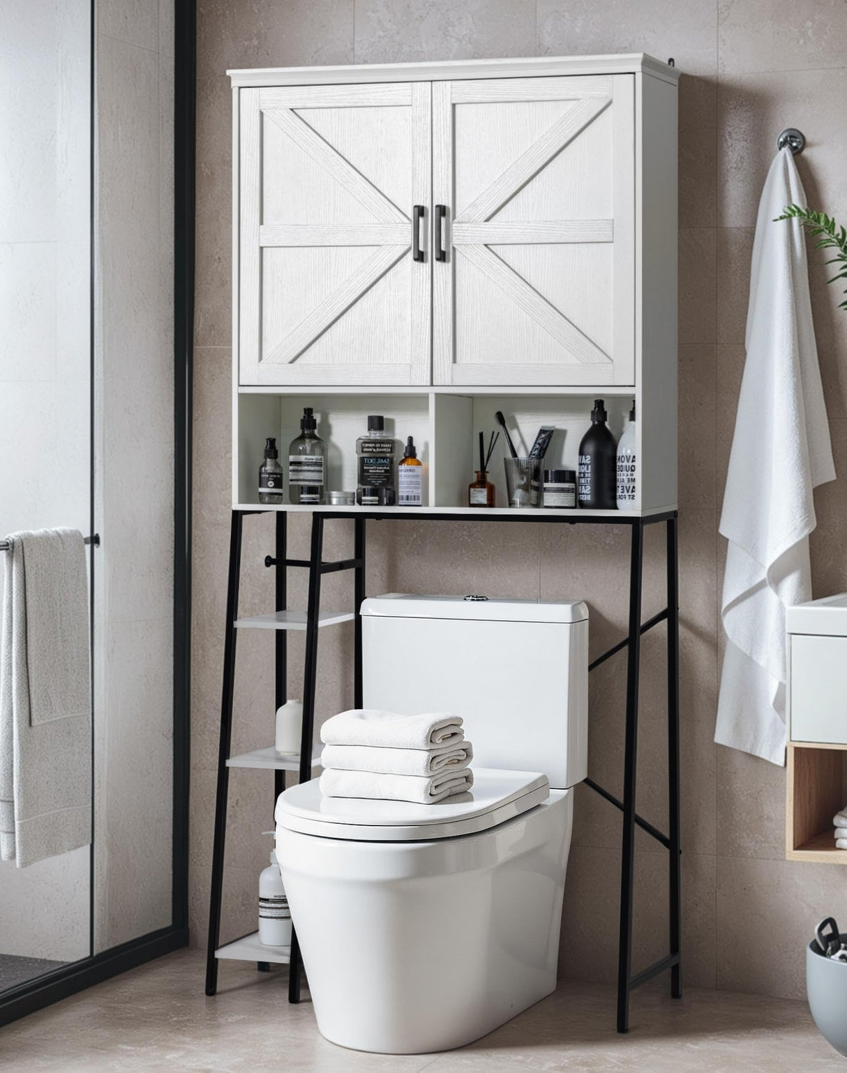 JUMMICO Over The Toilet Storage Cabinet, Bathroom Organizer with Adjustable Shelf, Toilet Organizer with 2 Barn Doors, Space Saver for Bathroom, Laundry, White JUMMICO