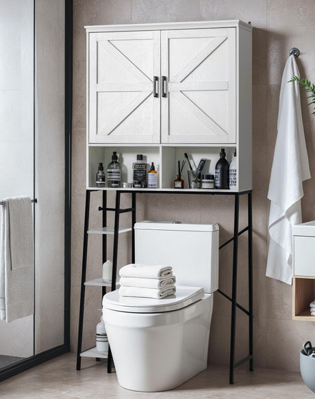 JUMMICO Over The Toilet Storage Cabinet, Bathroom Organizer with Adjustable Shelf, Toilet Organizer with 2 Barn Doors, Space Saver for Bathroom, Laundry, White JUMMICO