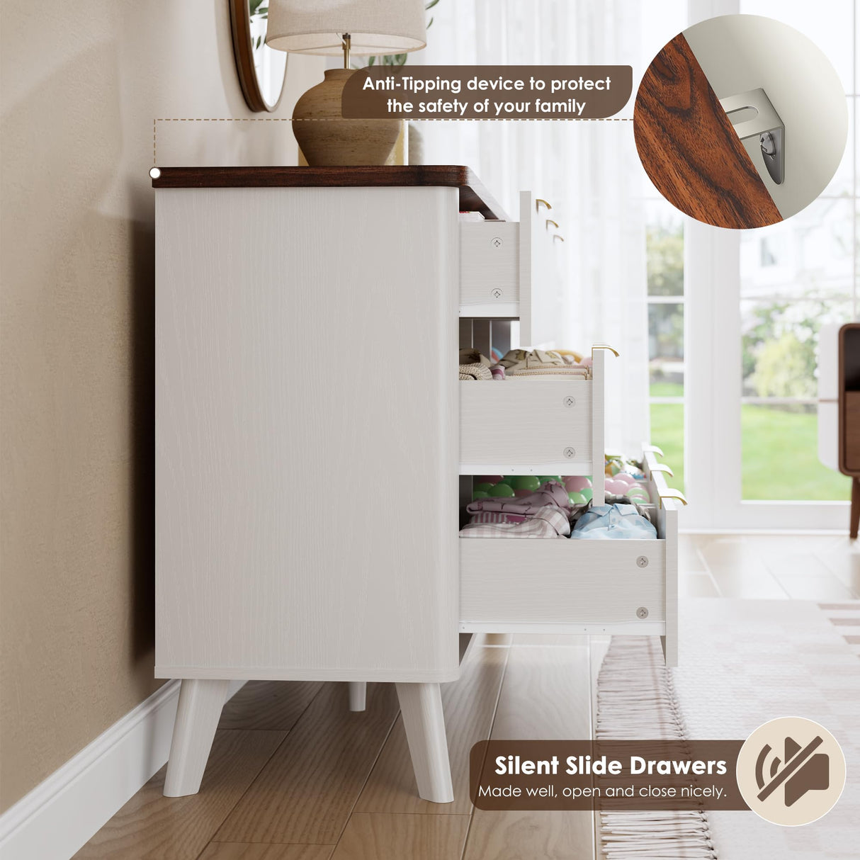 Garvee 9 Drawers Dresser for Bedroom, 60.6" Wide Dressers with Curved Profile Design, Fluted Wood Drawers with Gold Handle, Modern Chest of Dressers with Thickened Design for Living Room, White Garvee
