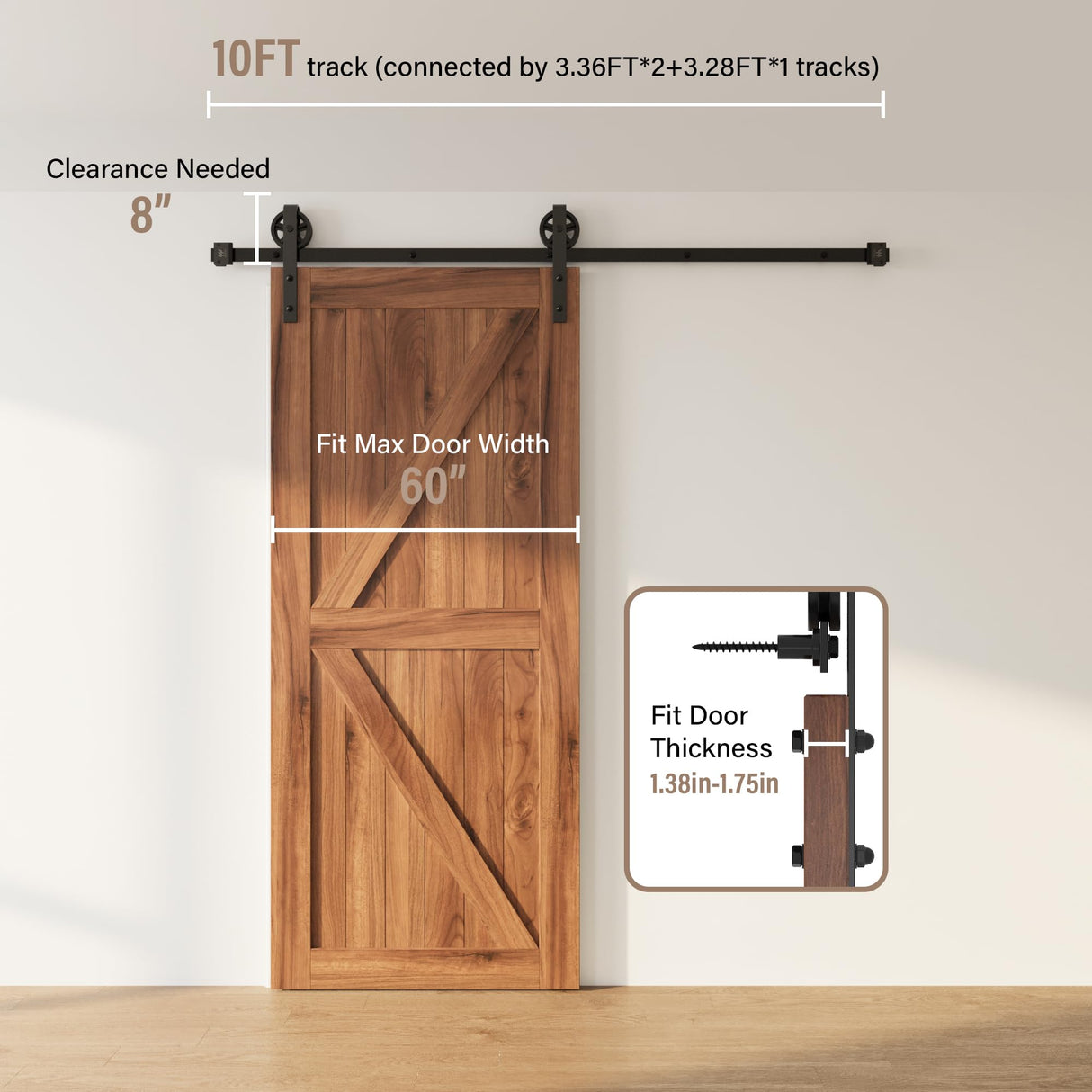 WINSOON 5-16FT Single Wood Sliding Barn Door Hardware Basic Black Big Spoke Wheel Roller Kit Garage Closet Carbon Steel Flat Track System (10FT) WINSOON