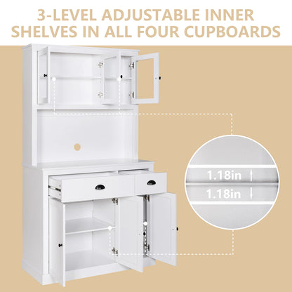 VEIKOU Kitchen Pantry Cabinet Buffet Hutch, 71" Freestanding Pantry Cabinet with 2 Adjustable Shelves & Glass Doors, Tall Pantry Cabinet with Large Countertop, White - WoodArtSupply