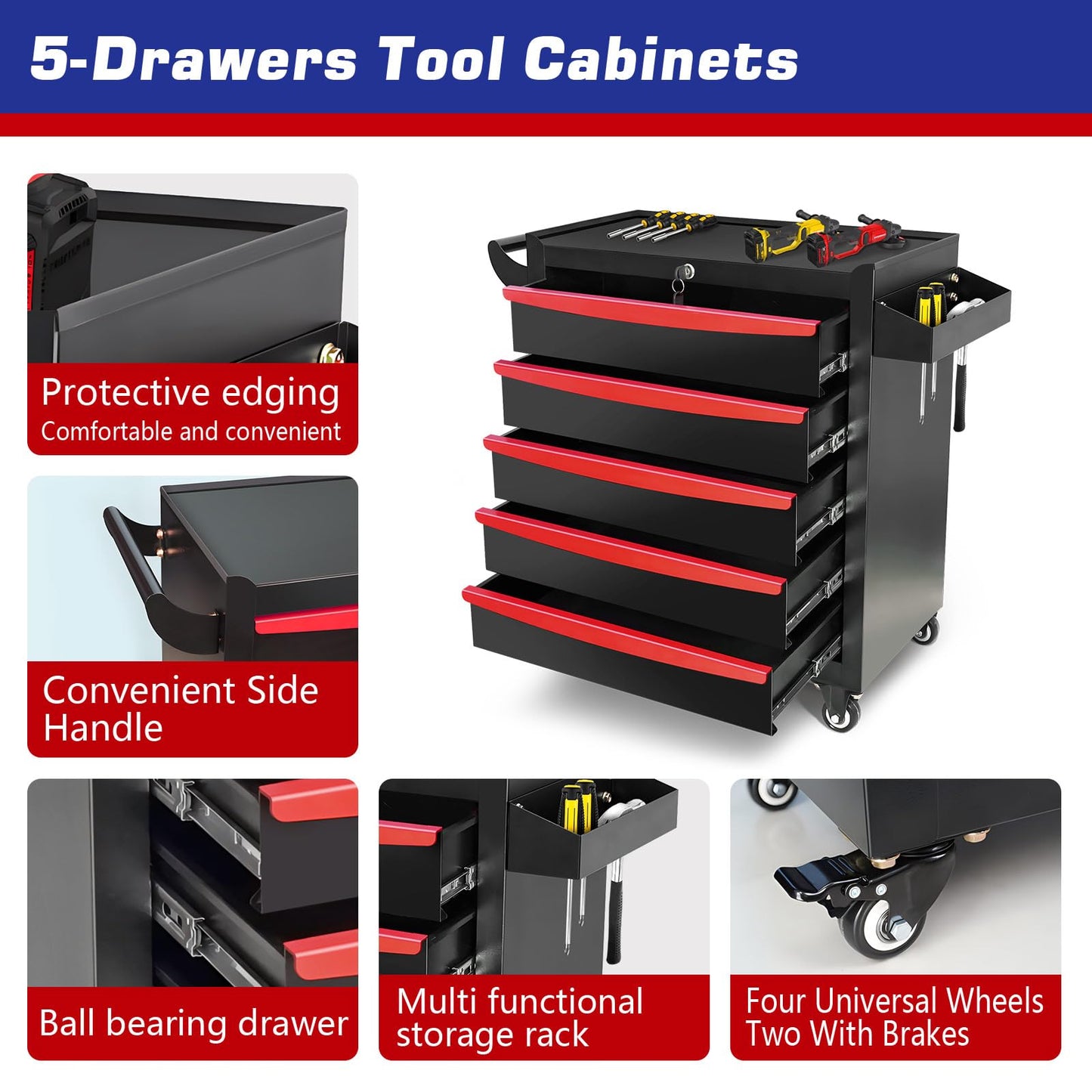 MHEOMTME Rolling Tool Chest with Drawers, Craftsman Tool Box Organizer, Toolbox Cabinet with Keyed Locking System, 5 Drawer Tool Storage Cart on Wheels for Garage, Workshop and Repair Room, B - WoodArtSupply