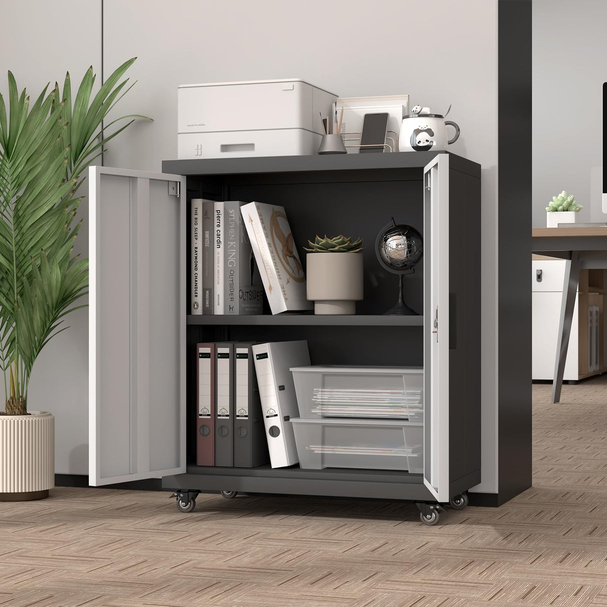 FATIGOS 31.5''H Metal Storage Cabinet with Wheels, Garage Storage Cabinet with Lock, Lockable Steel Rolling Tool Chest with Doors & Adjustable Shelves for Garage, Home, Office, Assembly Required FATIGOS